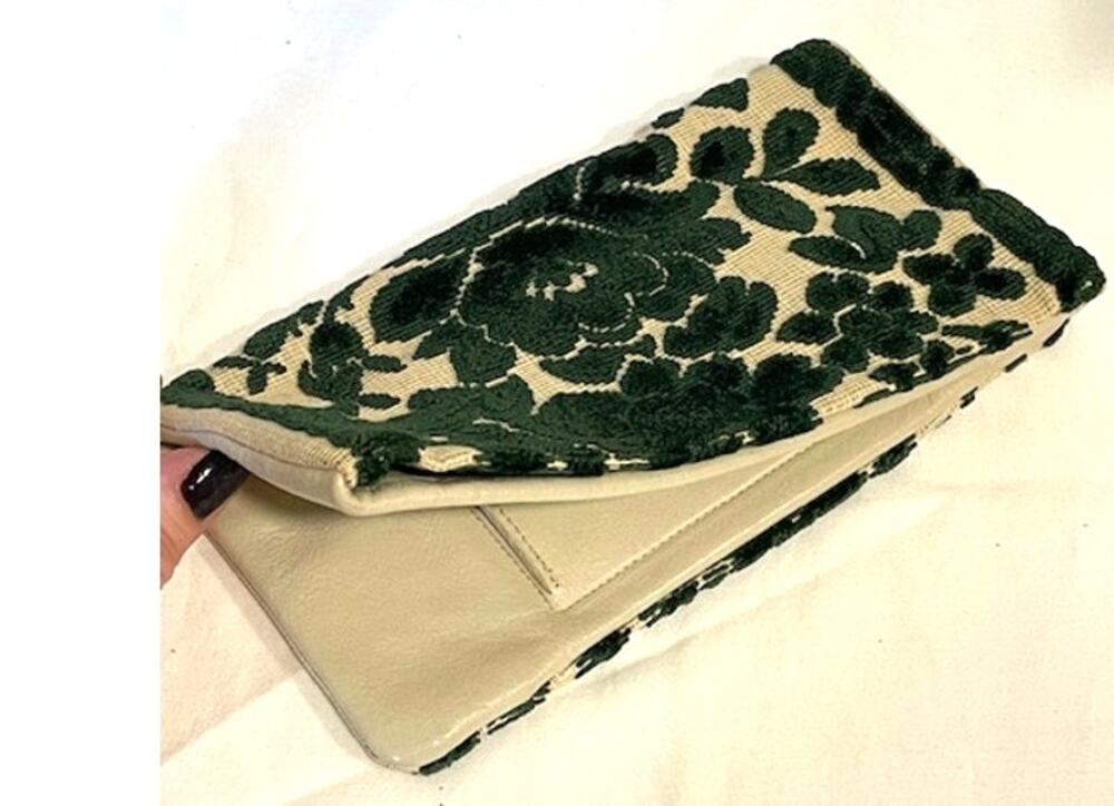 Vintage Green Velvet Floral Tapestry EK Grab Large Leather Envelope Clutch